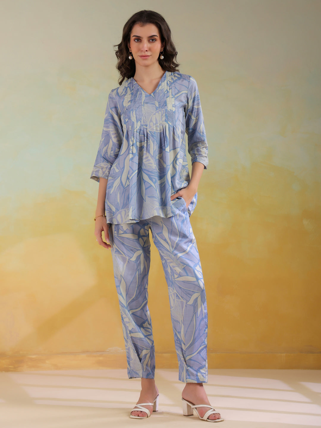 Blue Color V-Neck Printed Co-Ords Set For Women