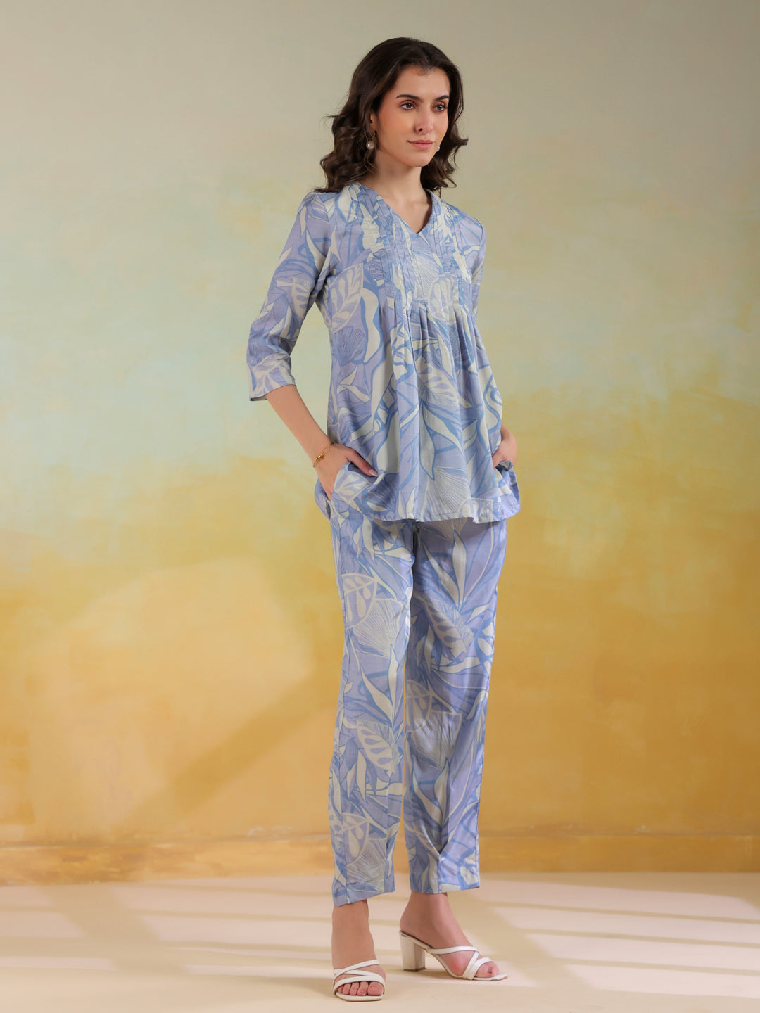 Blue Color V-Neck Printed Co-Ords Set For Women