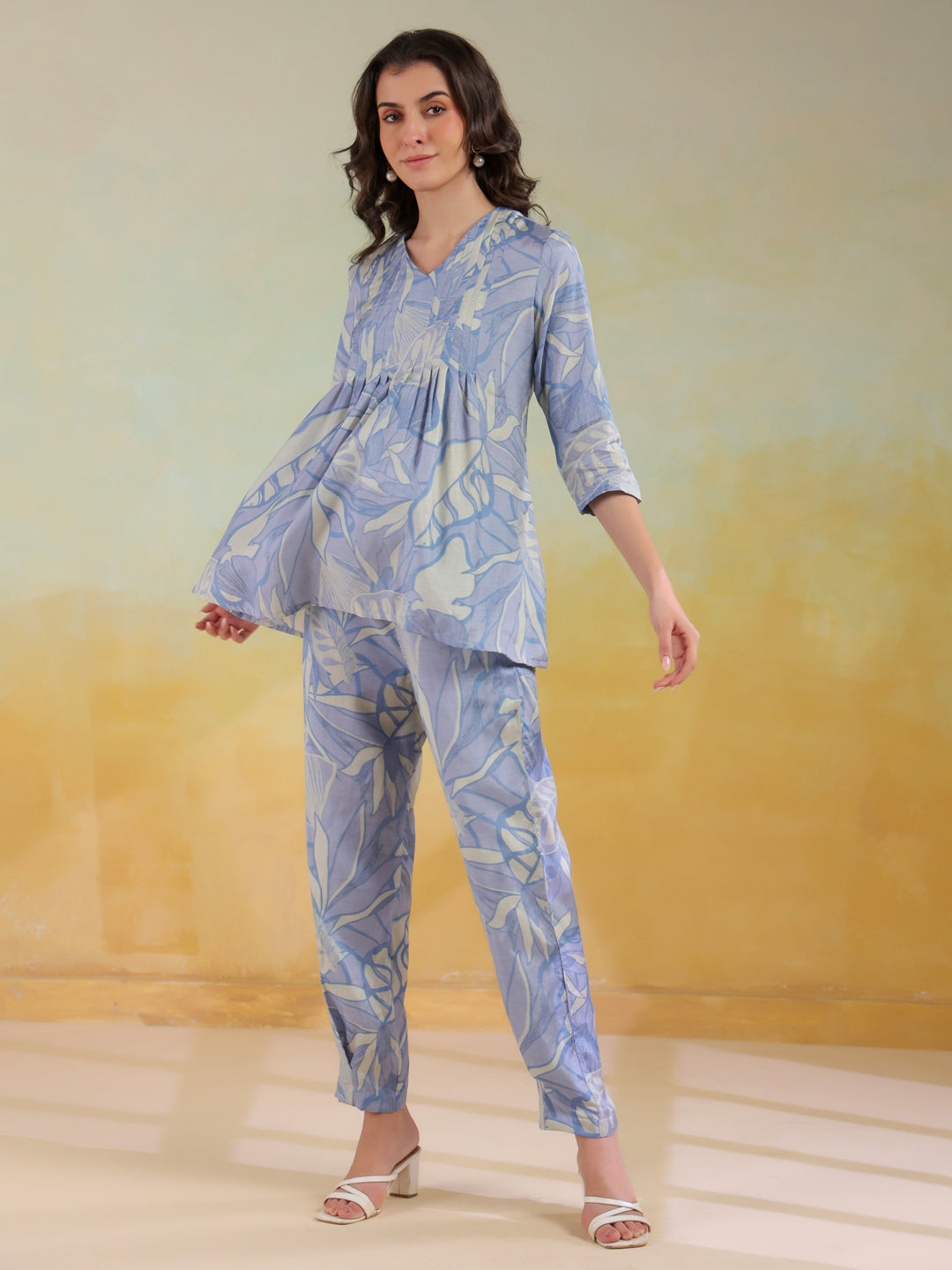 Blue Color V-Neck Printed Co-Ords Set For Women