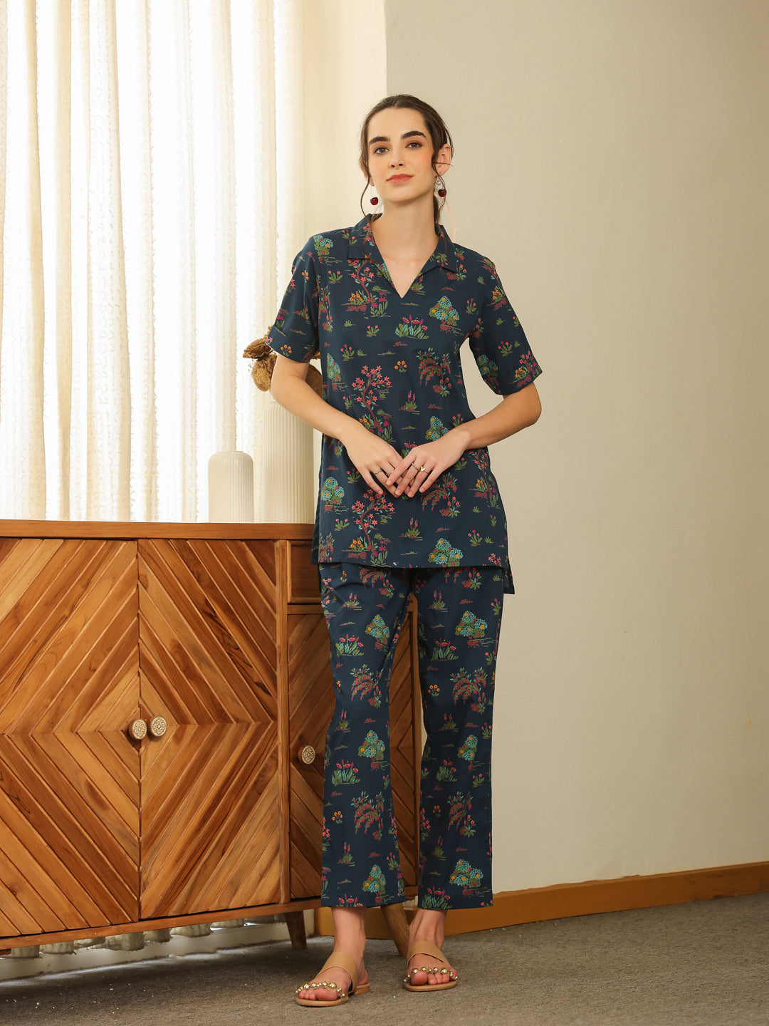 Blue V-Neck Pure Cotton Printed Floral Night Suit For Women