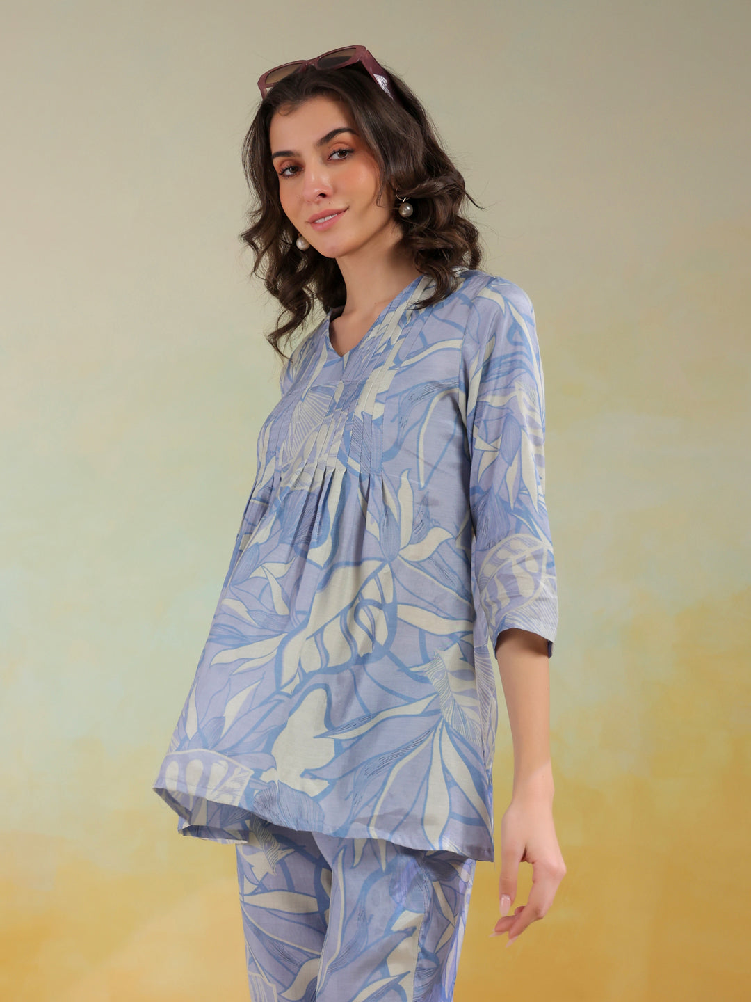 Blue Color V-Neck Printed Co-Ords Set For Women