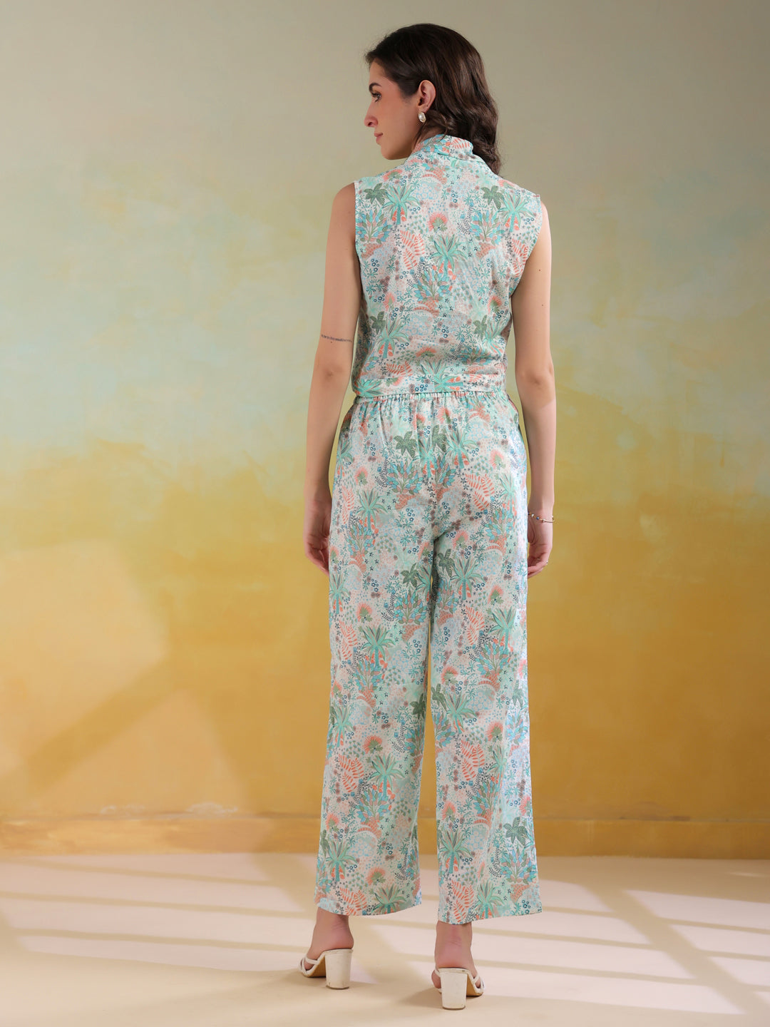 Green Color V-Neck Printed co-ords set for women