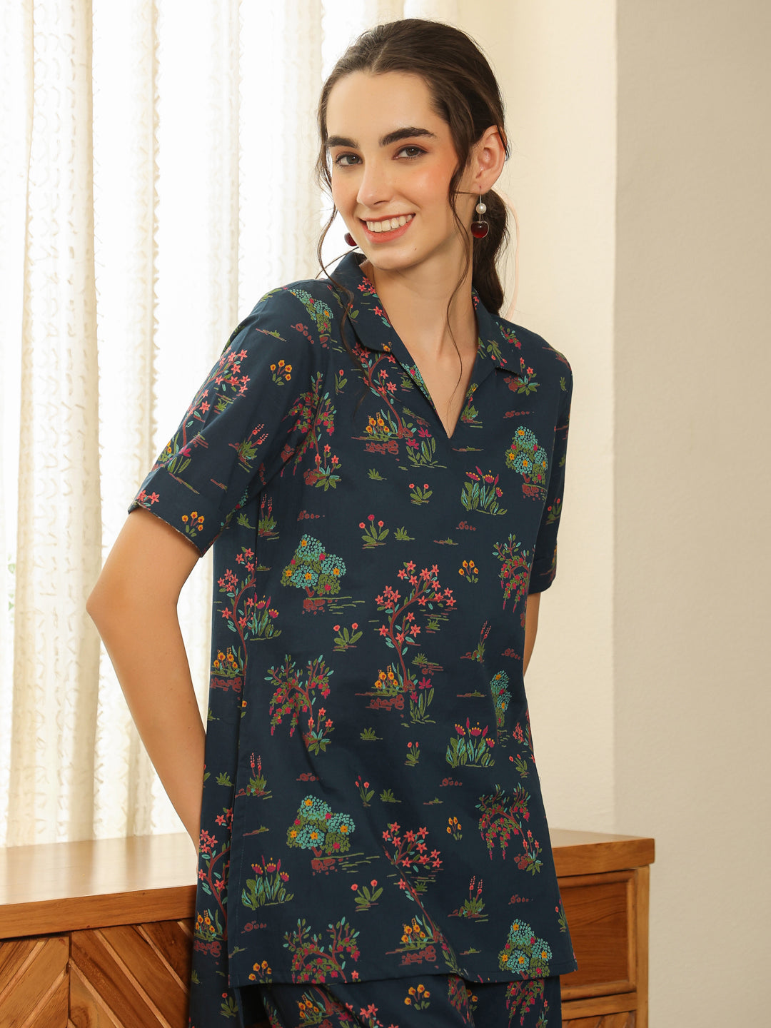 Blue V-Neck Pure Cotton Printed Floral Night Suit For Women