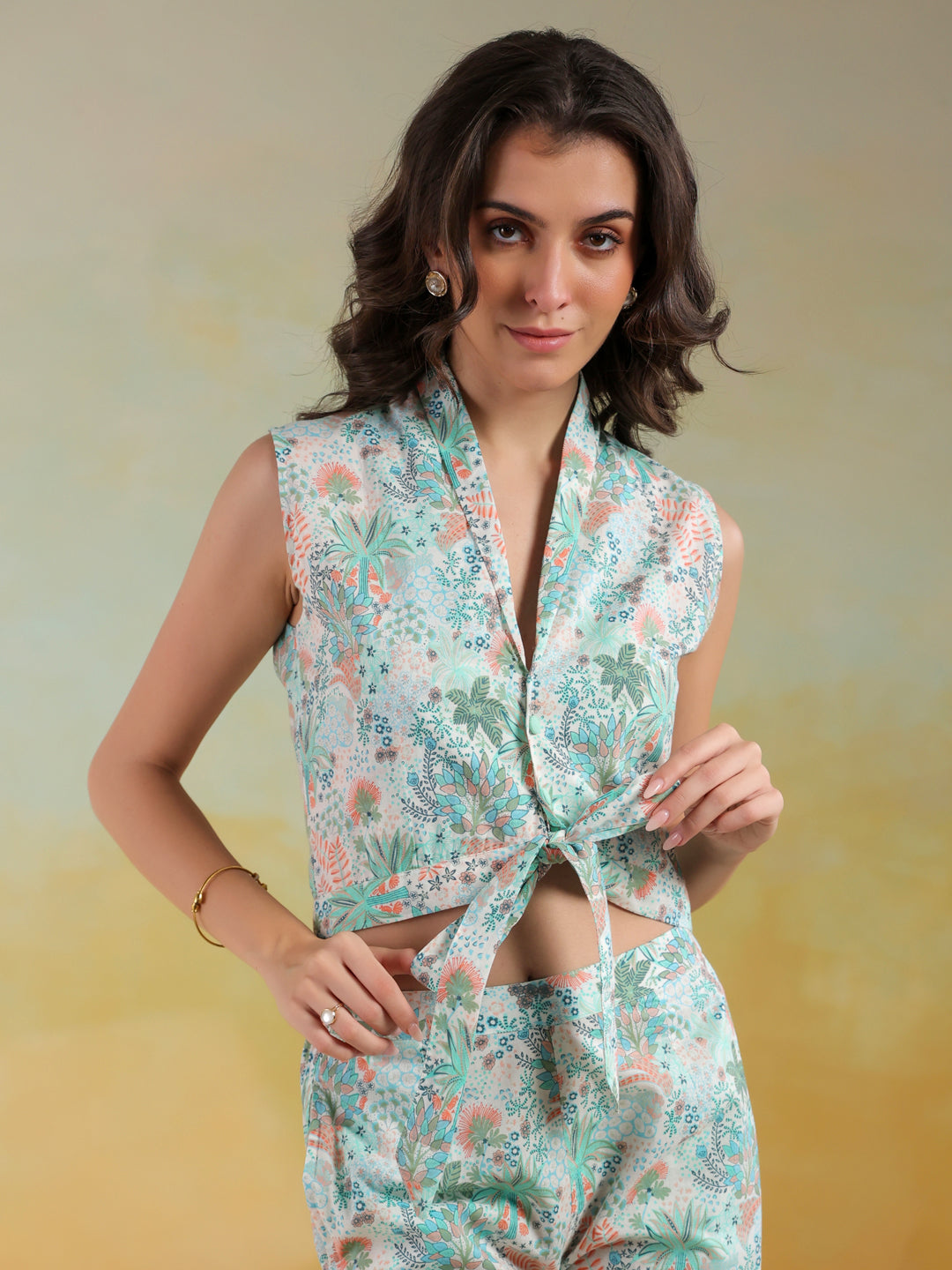 Green Color V-Neck Printed co-ords set for women