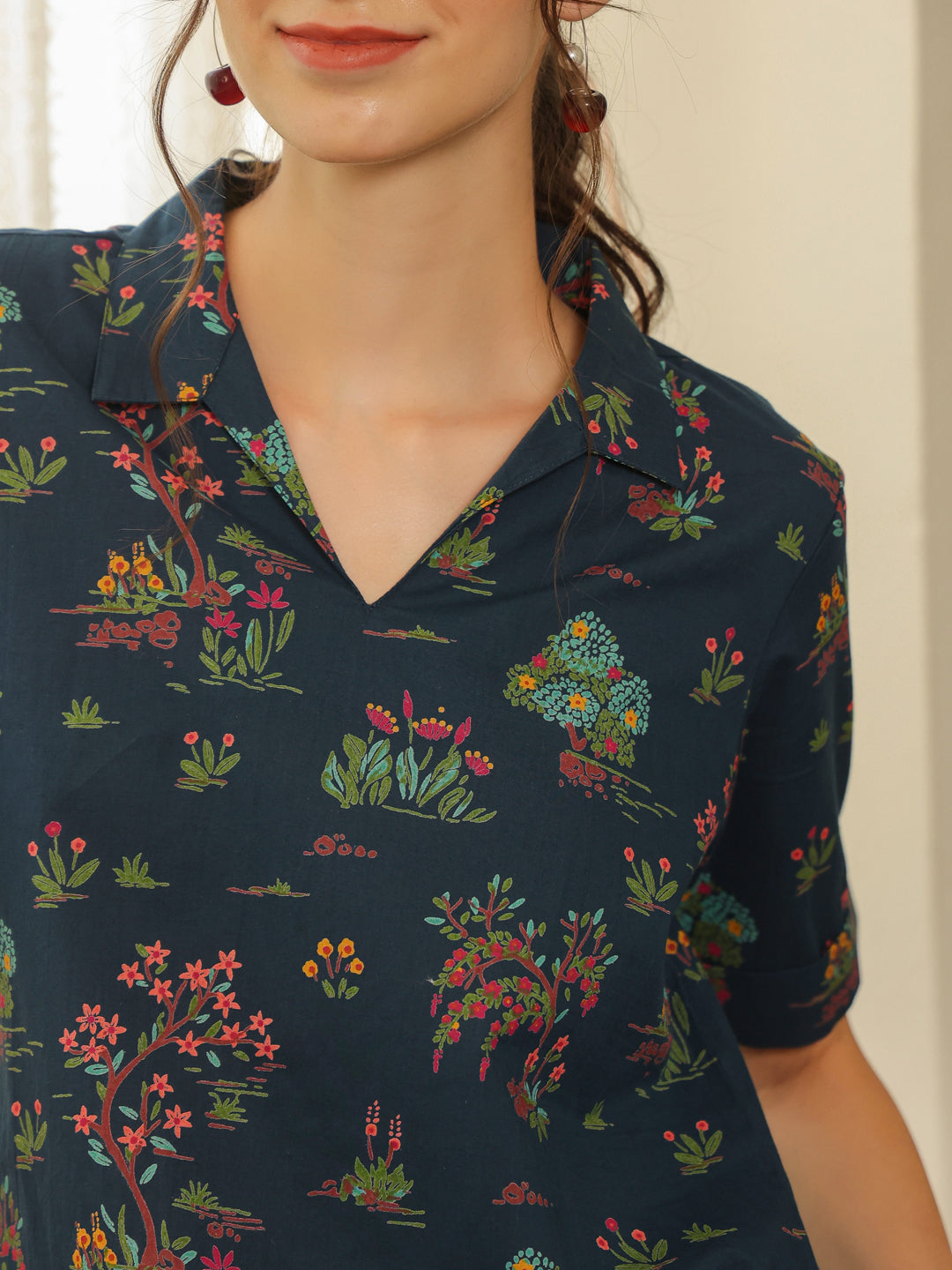 Blue V-Neck Pure Cotton Printed Floral Night Suit For Women