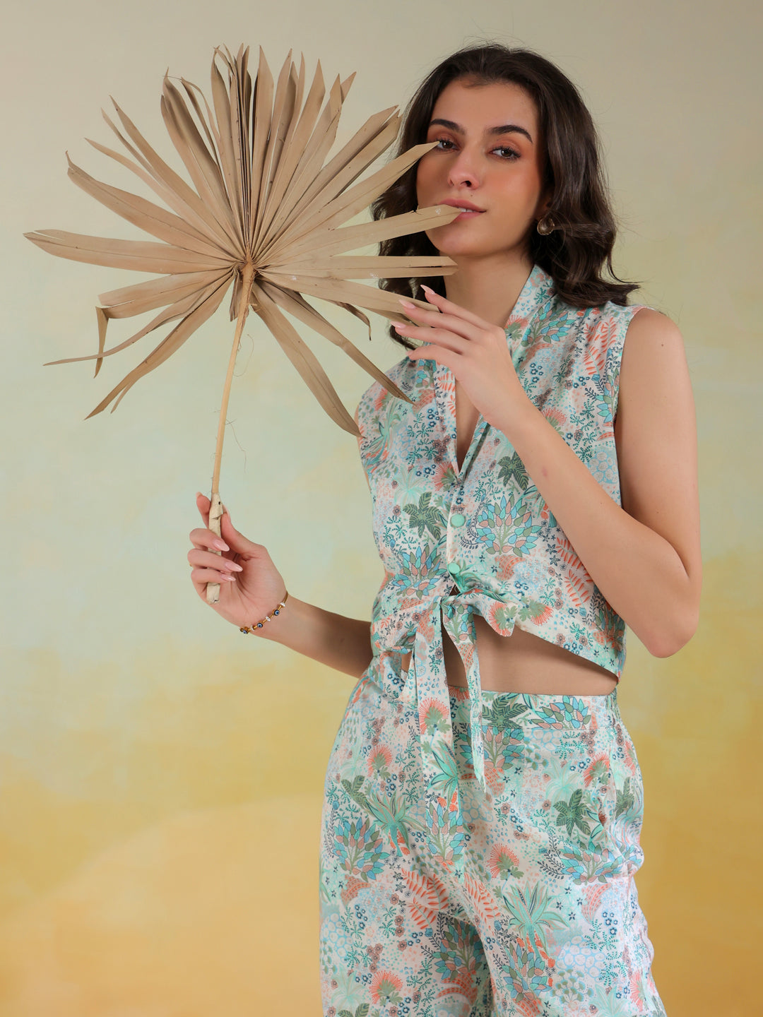 Green Color V-Neck Printed Co-Ords Set For Women
