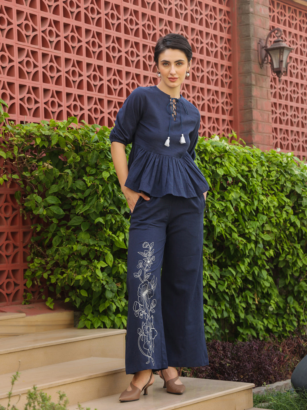 Blue Round Neck Pure Cotton Top Solid Co-Ords Set For Women