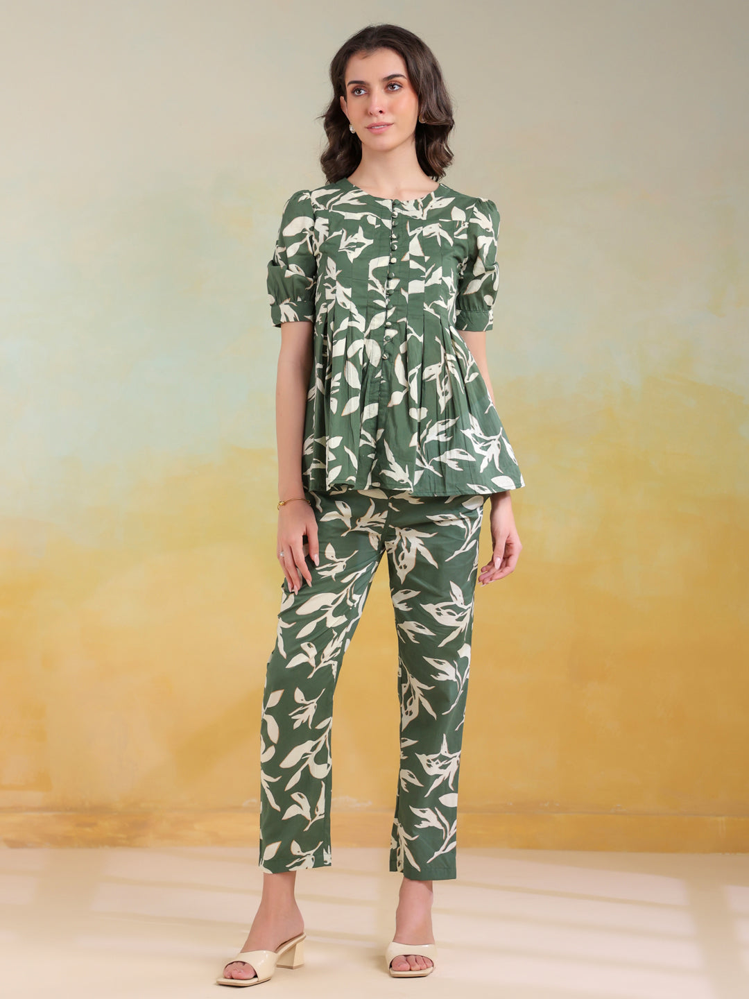 Green Color Round Neck Printed Co-Ords Set For Women
