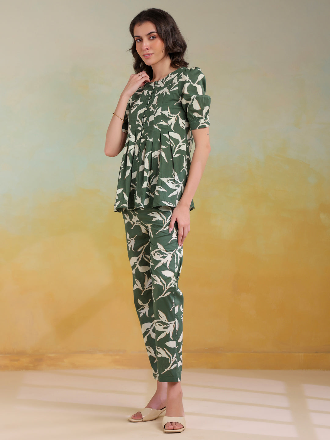 Green Color Round Neck Printed Co-Ords Set For Women