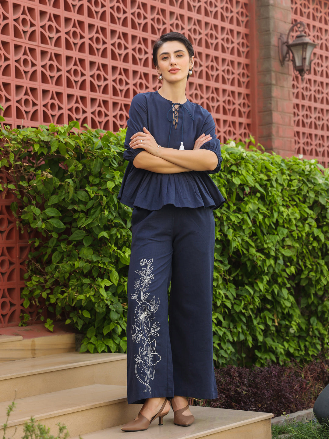 Blue Round Neck Pure Cotton Top Solid Co-Ords Set For Women