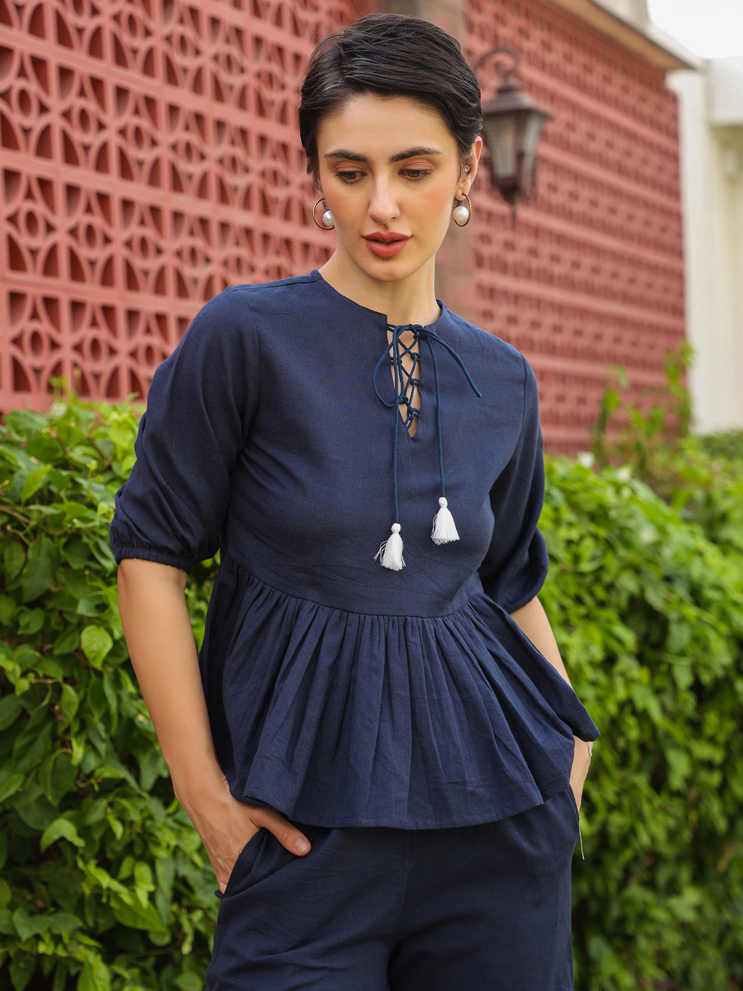 Blue Round Neck Pure Cotton Top Solid Co-Ords Set For Women