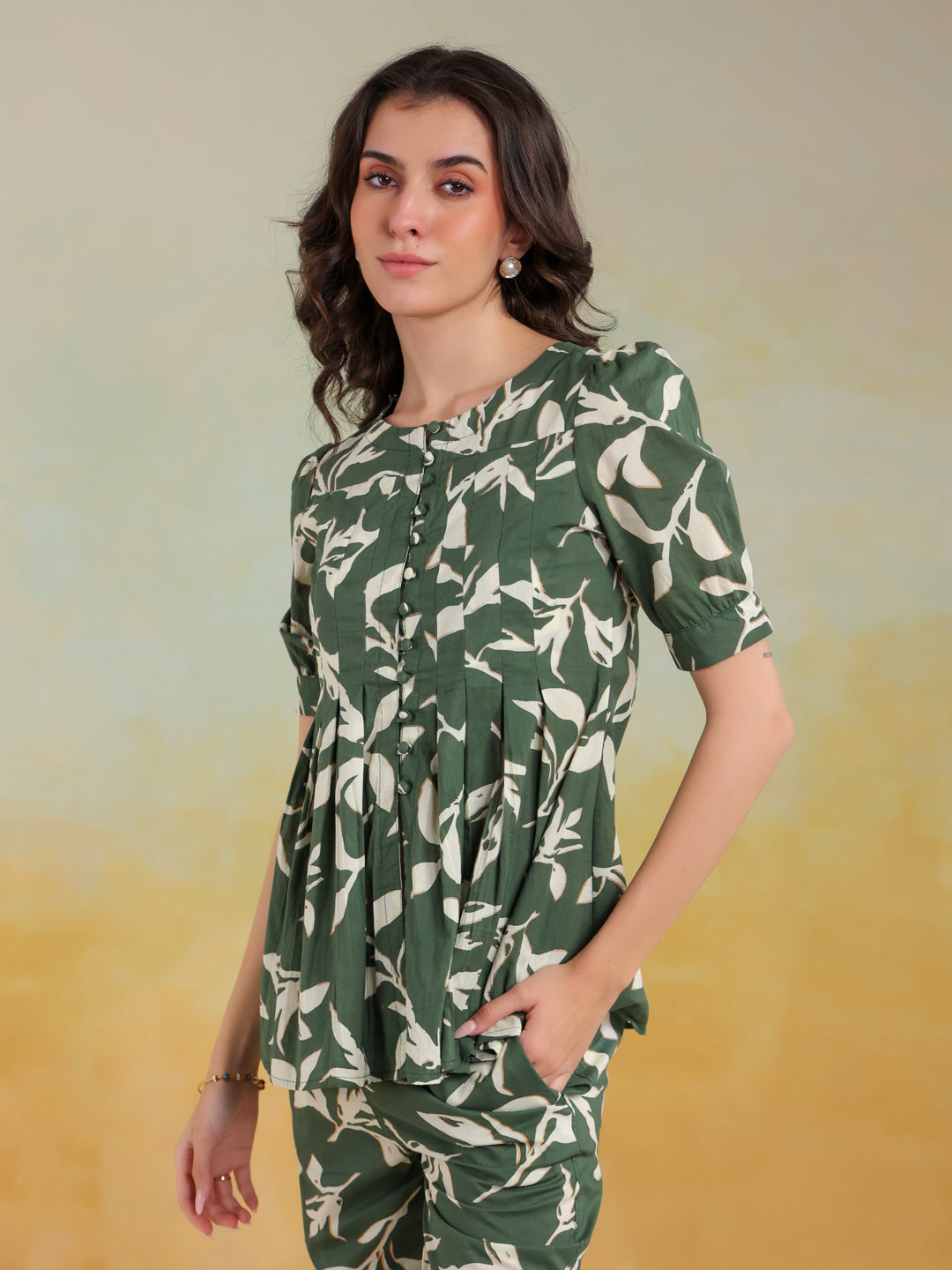 Green Color Round Neck Printed Co-Ords Set For Women