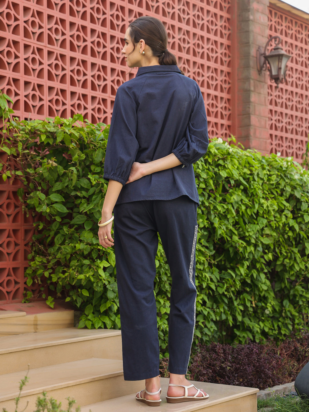 Navy Blue Shirt Collar Pure Cotton Top Solid Co-Ords Set For Women