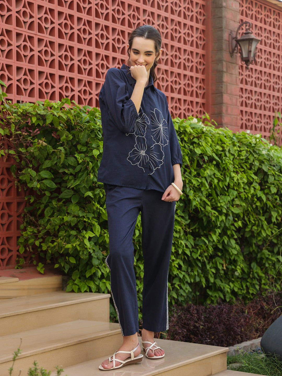 Navy Blue Shirt Collar Pure Cotton Top Solid Co-Ords Set For Women