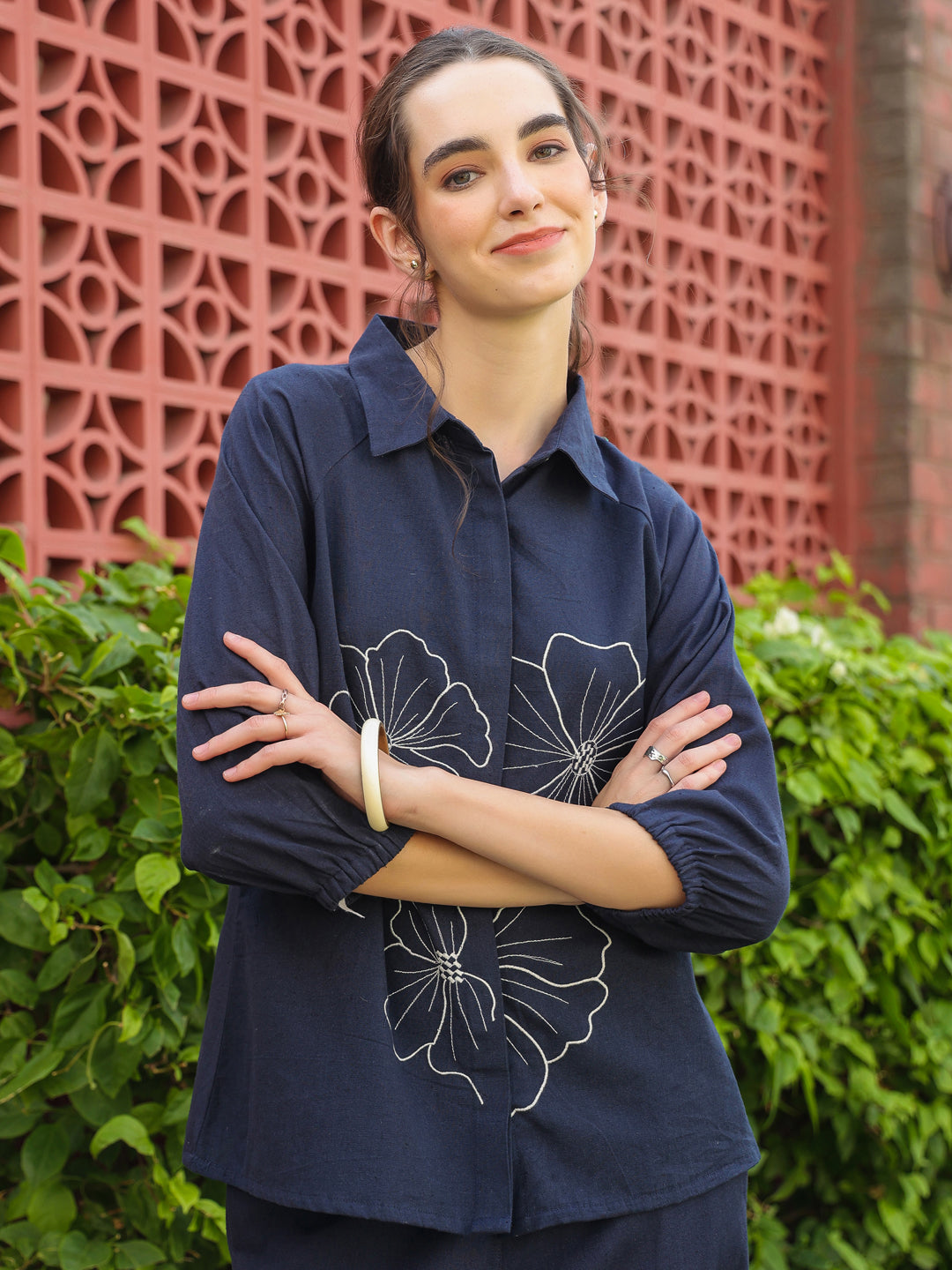 Navy Blue Shirt Collar Pure Cotton Top Solid Co-Ords Set For Women