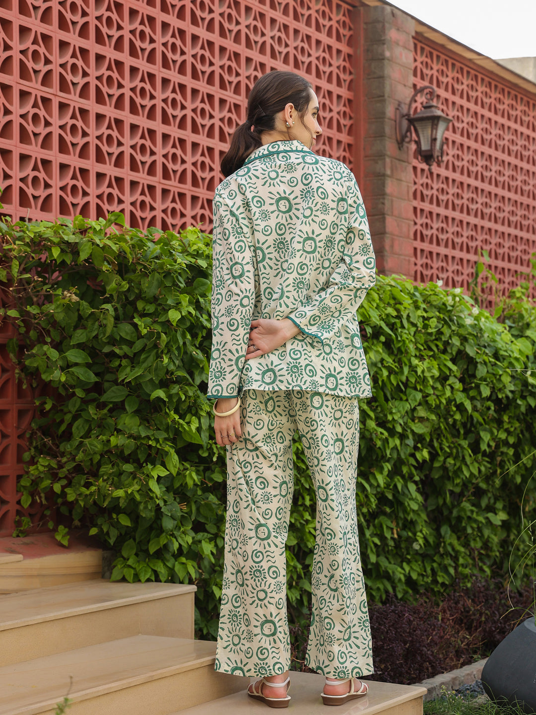 White Shirt Collar Pure Cotton Printed Geometric Night Suit For Women