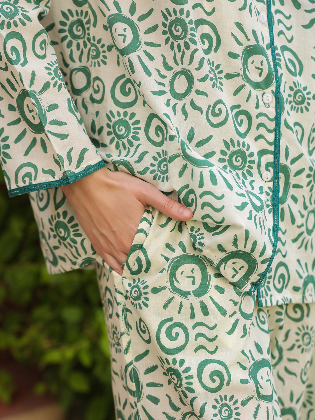 White Shirt Collar Pure Cotton Printed Geometric Night Suit For Women