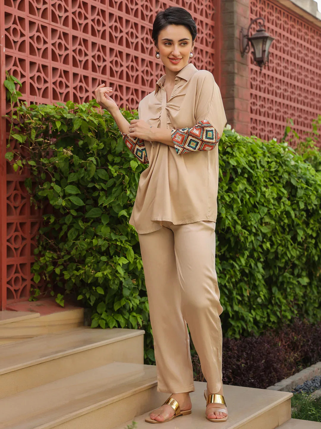 Cream Shirt Collar Viscose Rayon Solid Shirt Co-ords Set for Women - SanskrutiHomes