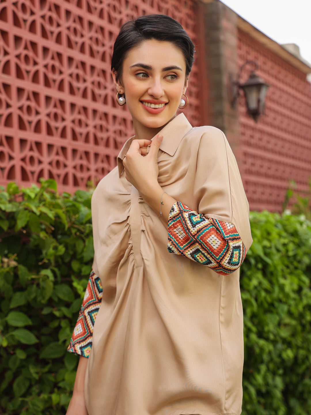 Cream Shirt Collar Viscose Rayon Solid Shirt Co-ords Set for Women
