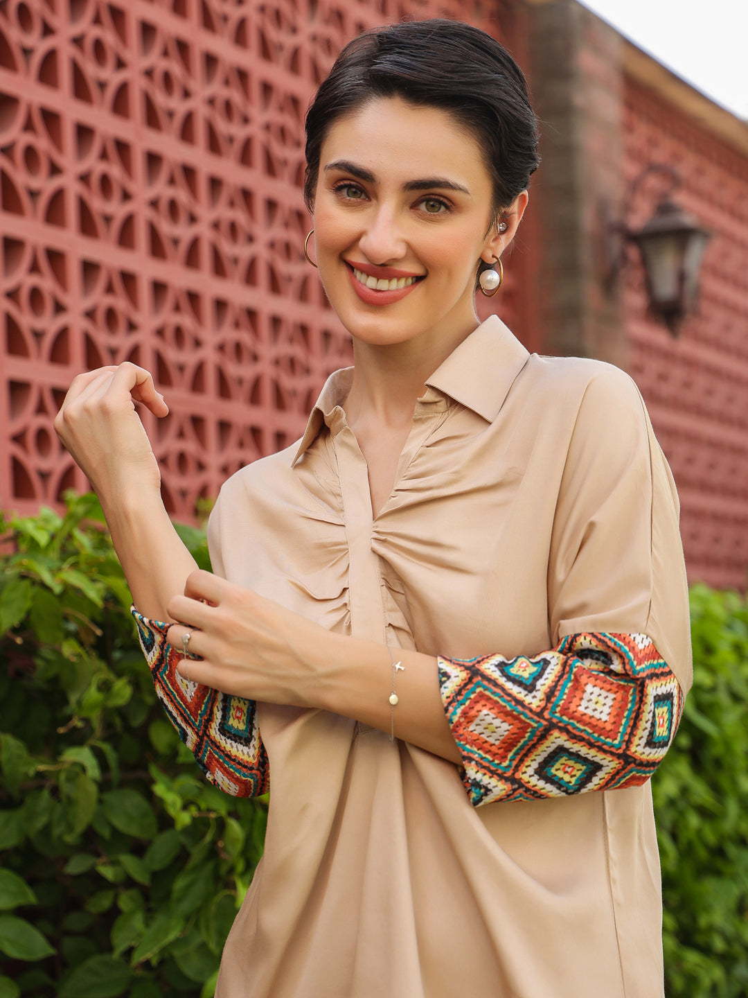 Cream Shirt Collar Viscose Rayon Solid Shirt Co-ords Set for Women