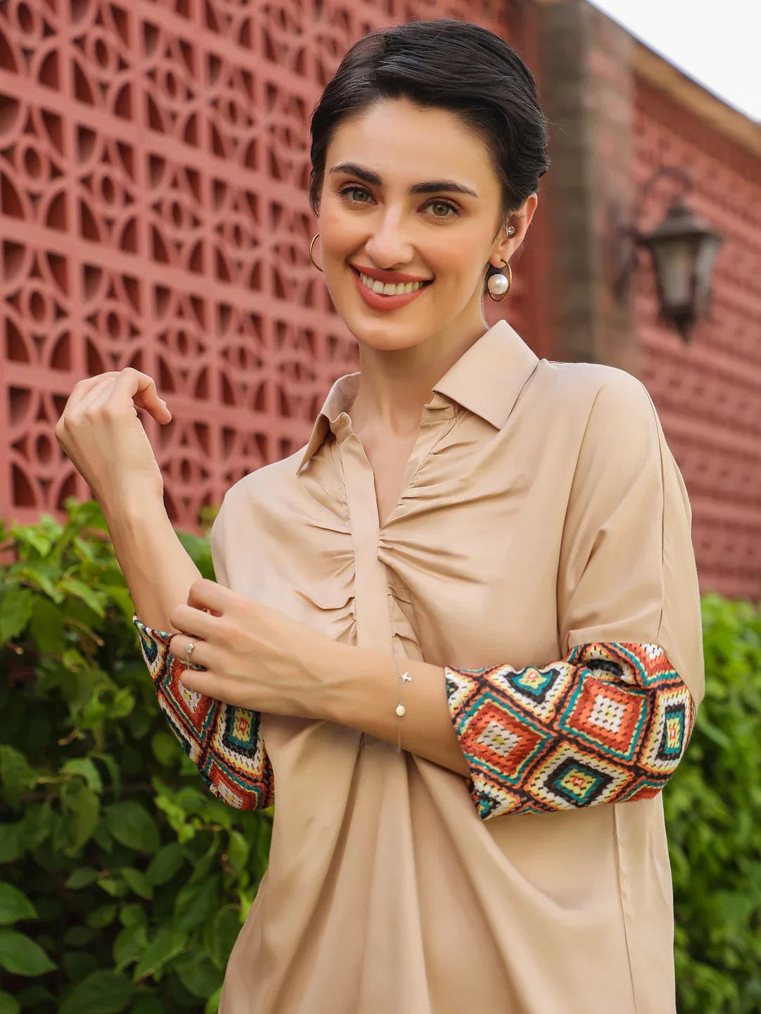 Cream Shirt Collar Viscose Rayon Solid Shirt Co-ords Set for Women - SanskrutiHomes