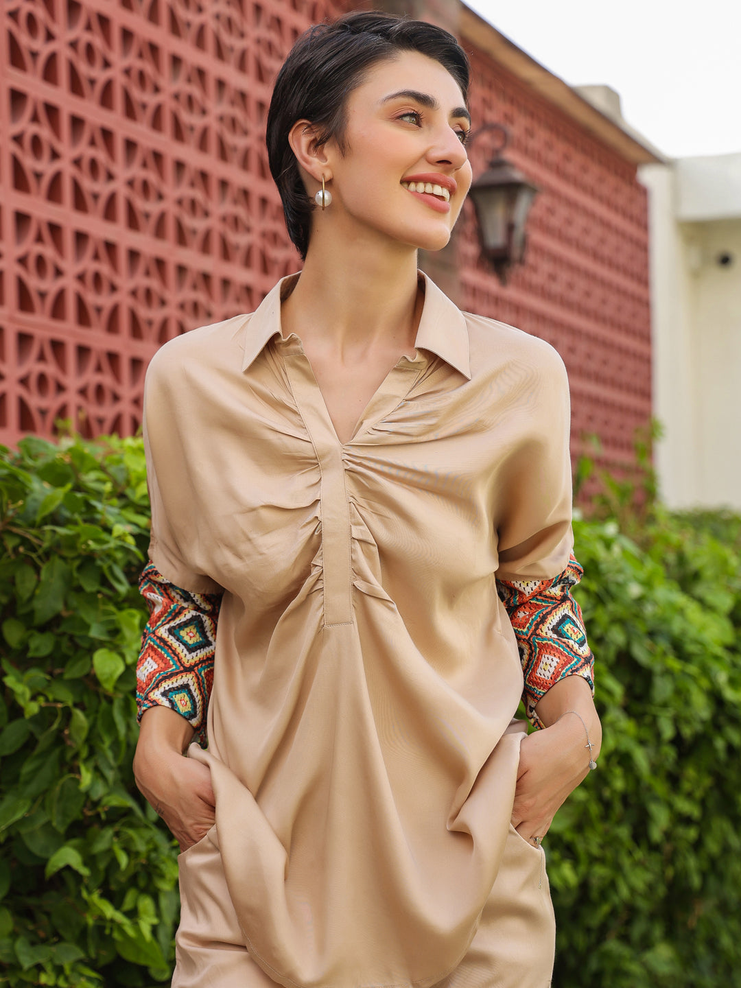 Cream Shirt Collar Viscose Rayon Solid Shirt Co-ords Set for Women