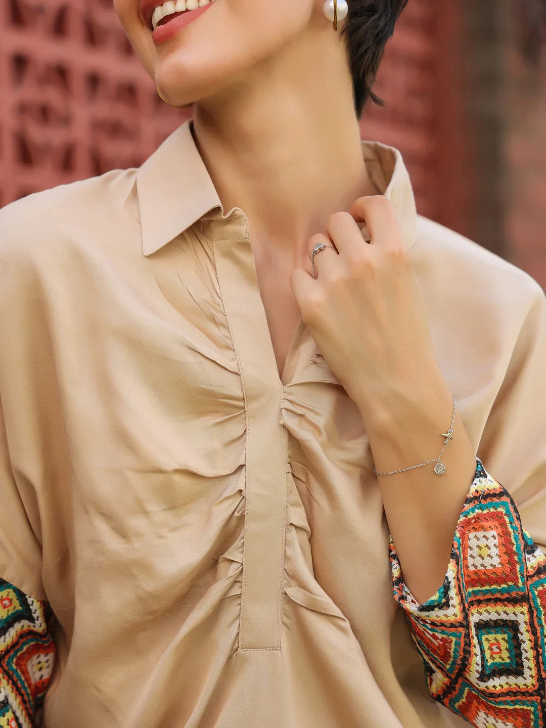 Cream Shirt Collar Viscose Rayon Solid Shirt Co-ords Set for Women - SanskrutiHomes