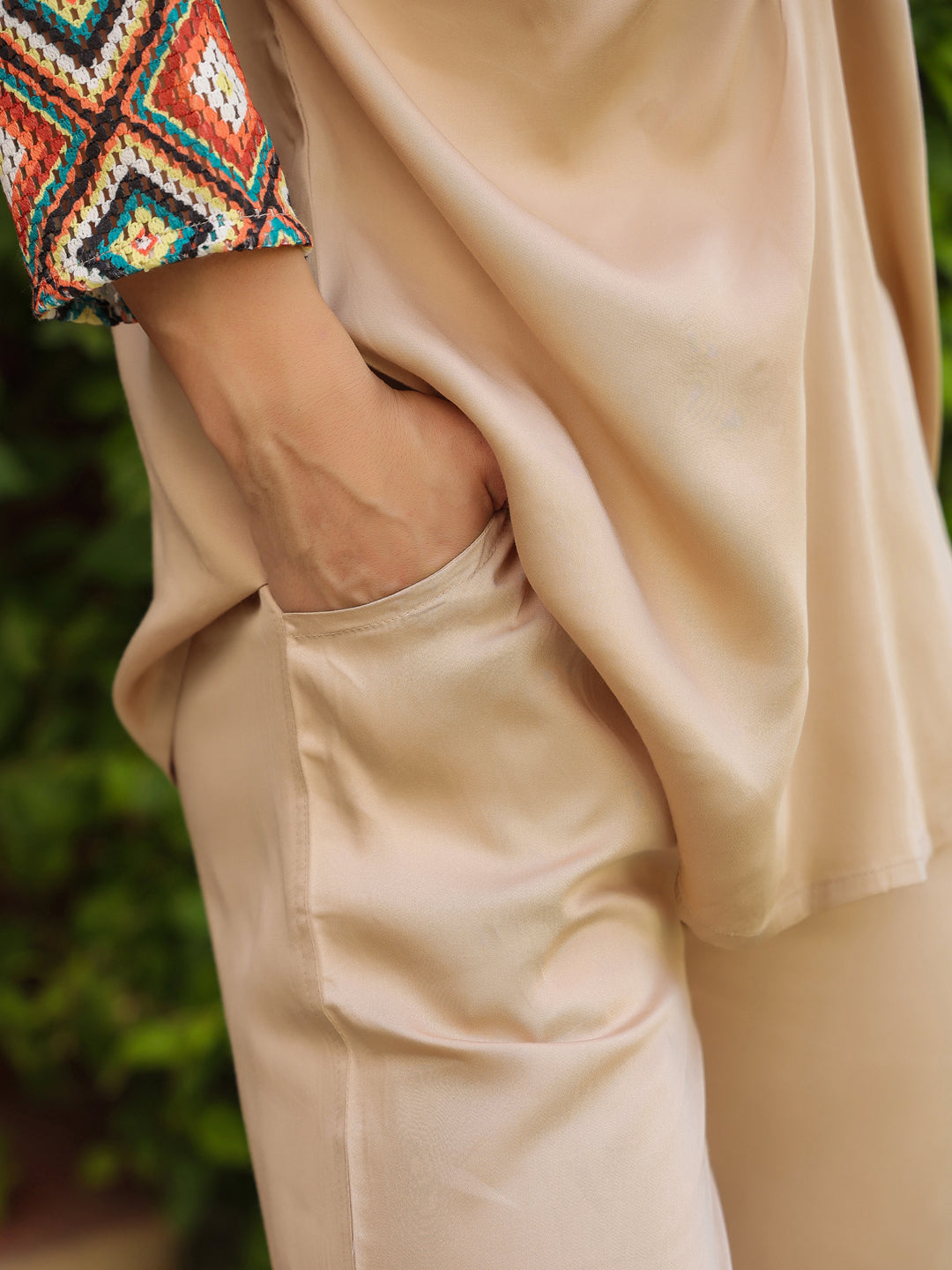 Cream Shirt Collar Viscose Rayon Solid Shirt Co-ords Set for Women