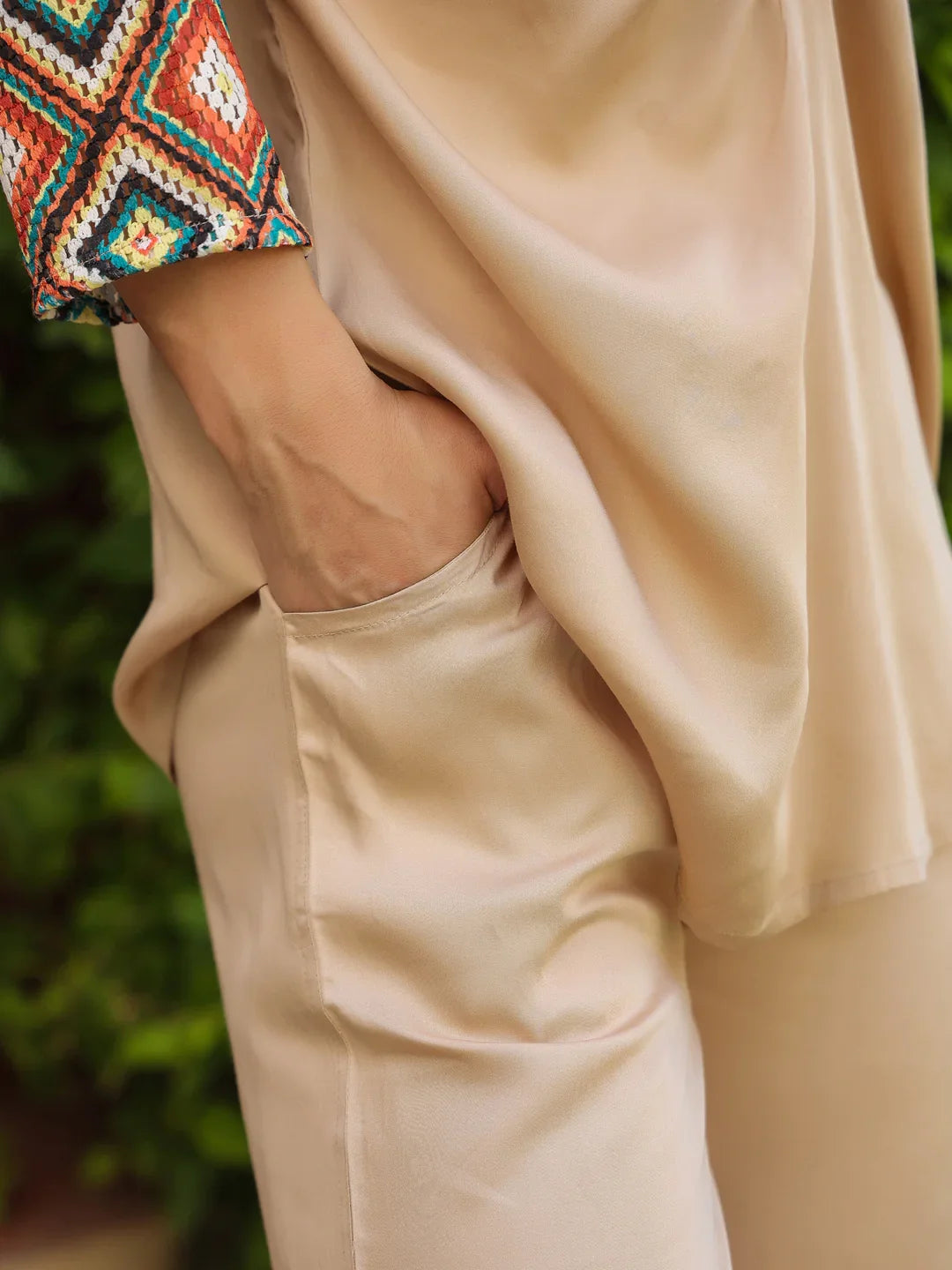 Cream Shirt Collar Viscose Rayon Solid Shirt Co-ords Set for Women - SanskrutiHomes