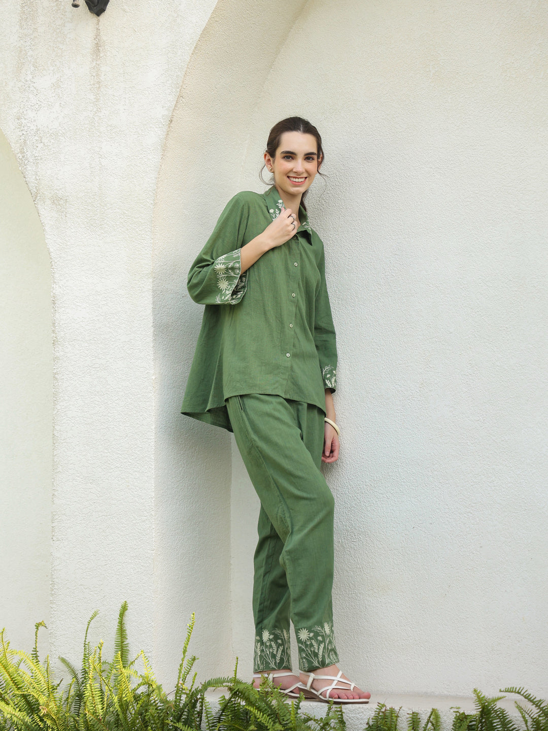 Green Pure Cotton Embroidered Shirt Collar Co-Ord Set for Women
