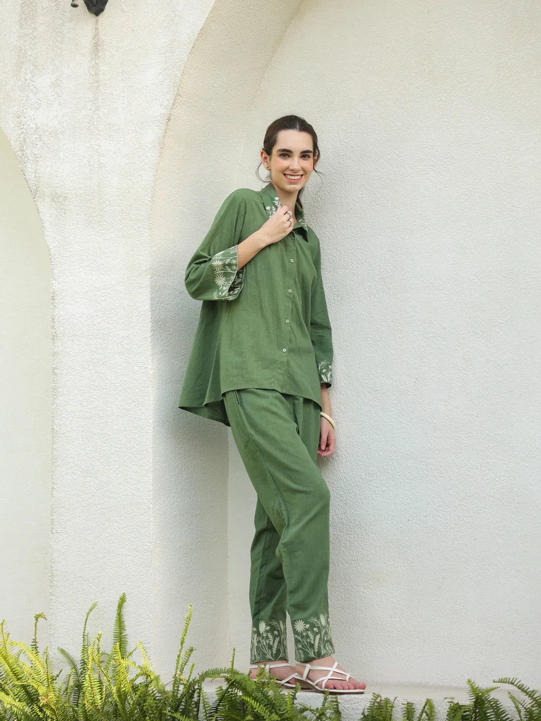 Green Pure Cotton Embroidered Shirt Collar Co-Ord Set for Women - SanskrutiHomes