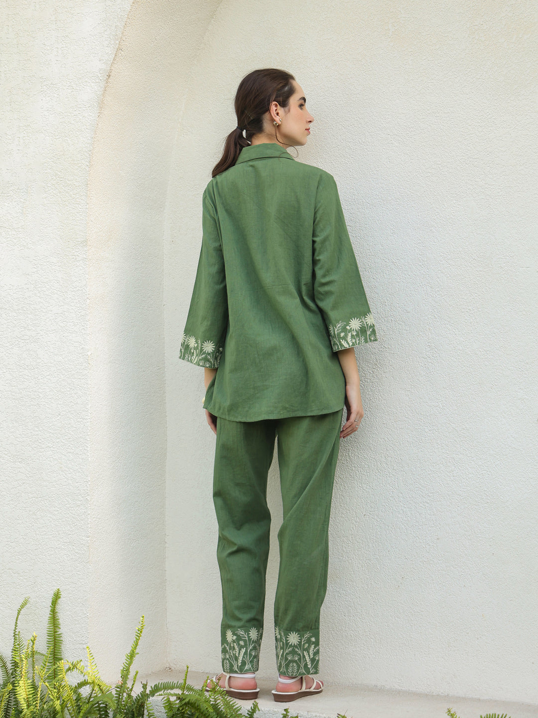 Green Pure Cotton Embroidered Shirt Collar Co-Ord Set for Women
