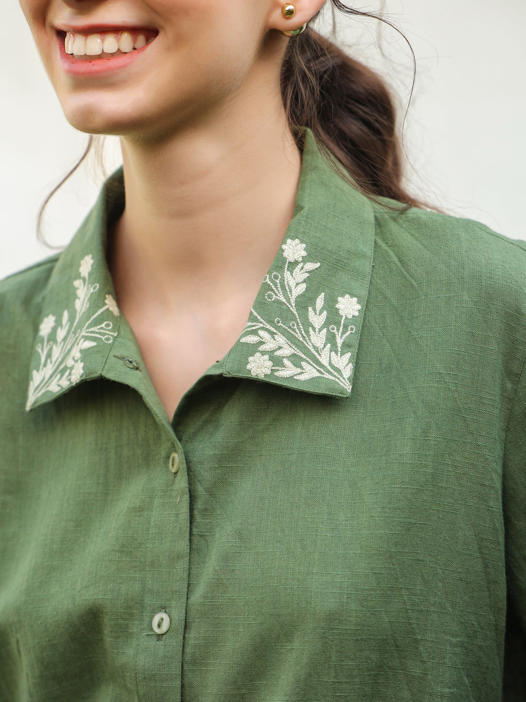 Green Pure Cotton Embroidered Shirt Collar Co-Ord Set for Women