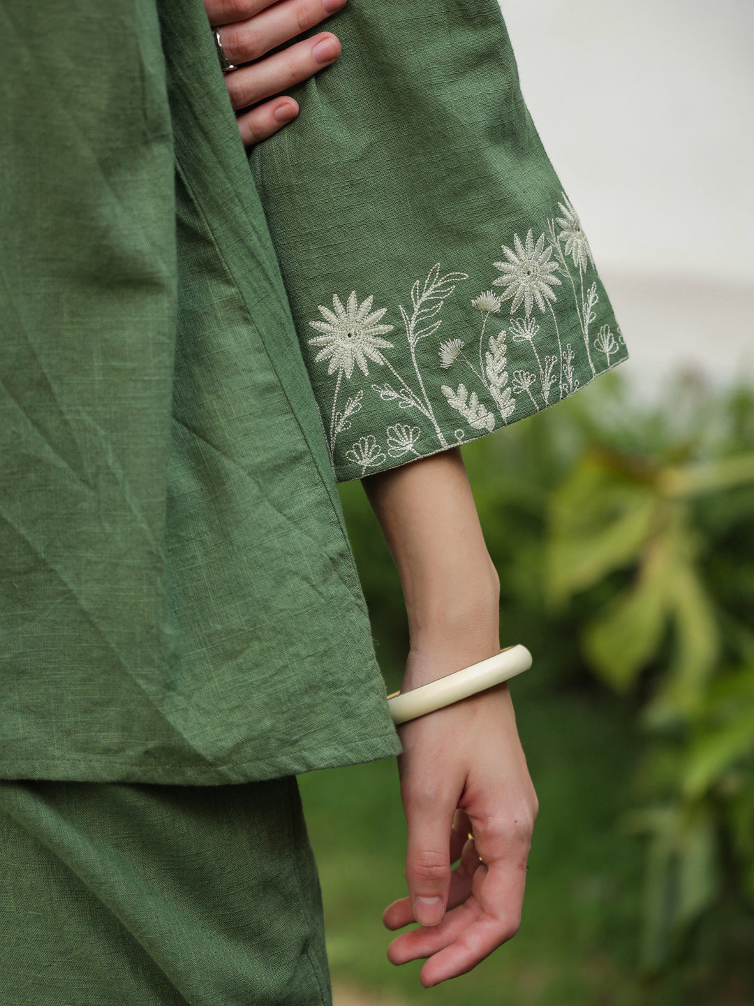 Green Pure Cotton Embroidered Shirt Collar Co-Ord Set for Women