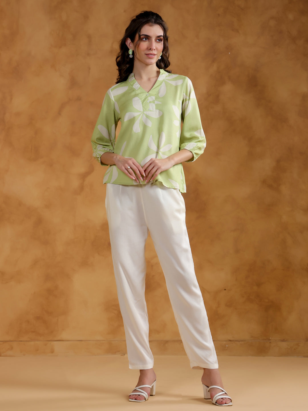 Green Color V-Neck Printed Co-Ords Set For Women