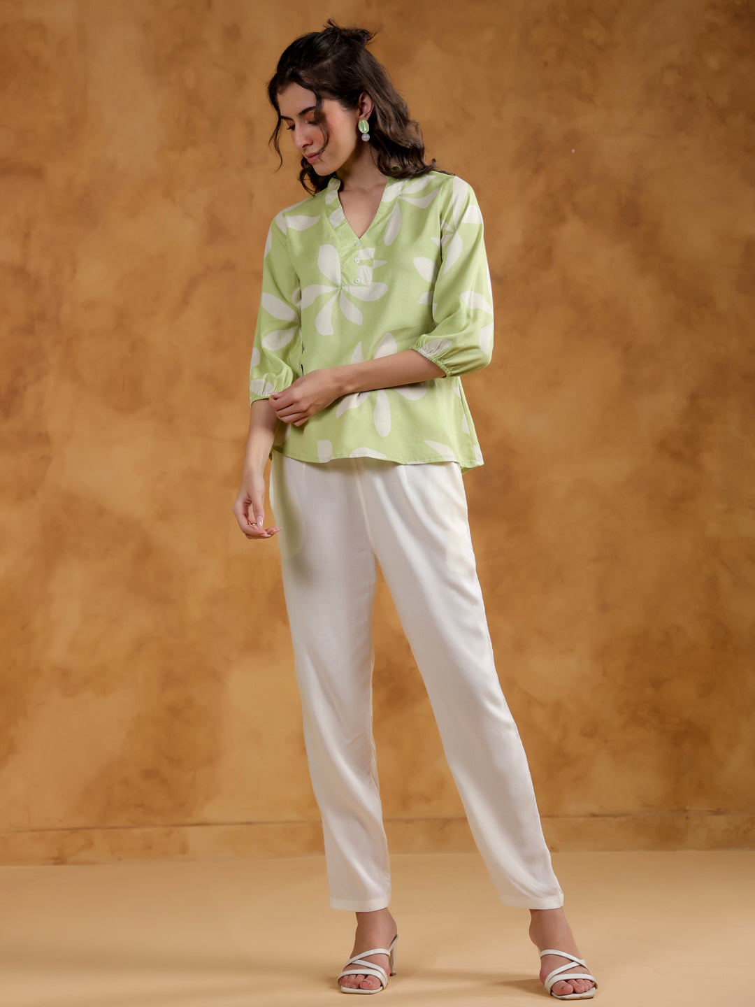 Green Color V-Neck Printed Co-ords Set for Women