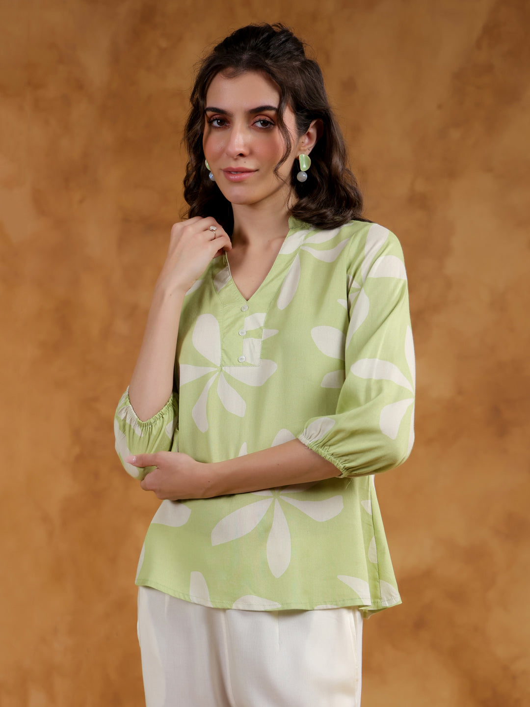 Green Color V-Neck Printed Co-Ords Set For Women