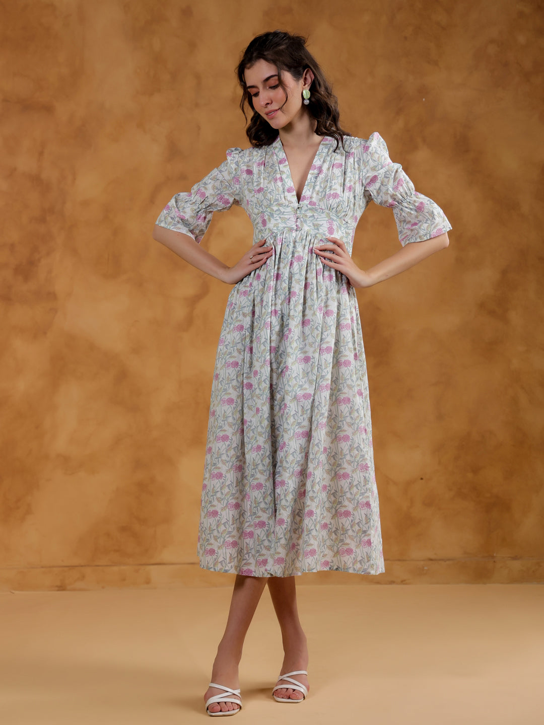 White Cotton V-Neck Printed Dress for Women - SanskrutiHomes