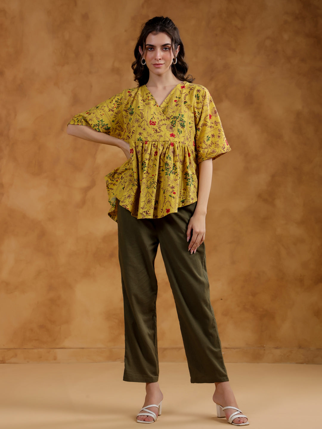 Yellow Color V-Neck Printed co-ords set for women - SanskrutiHomes