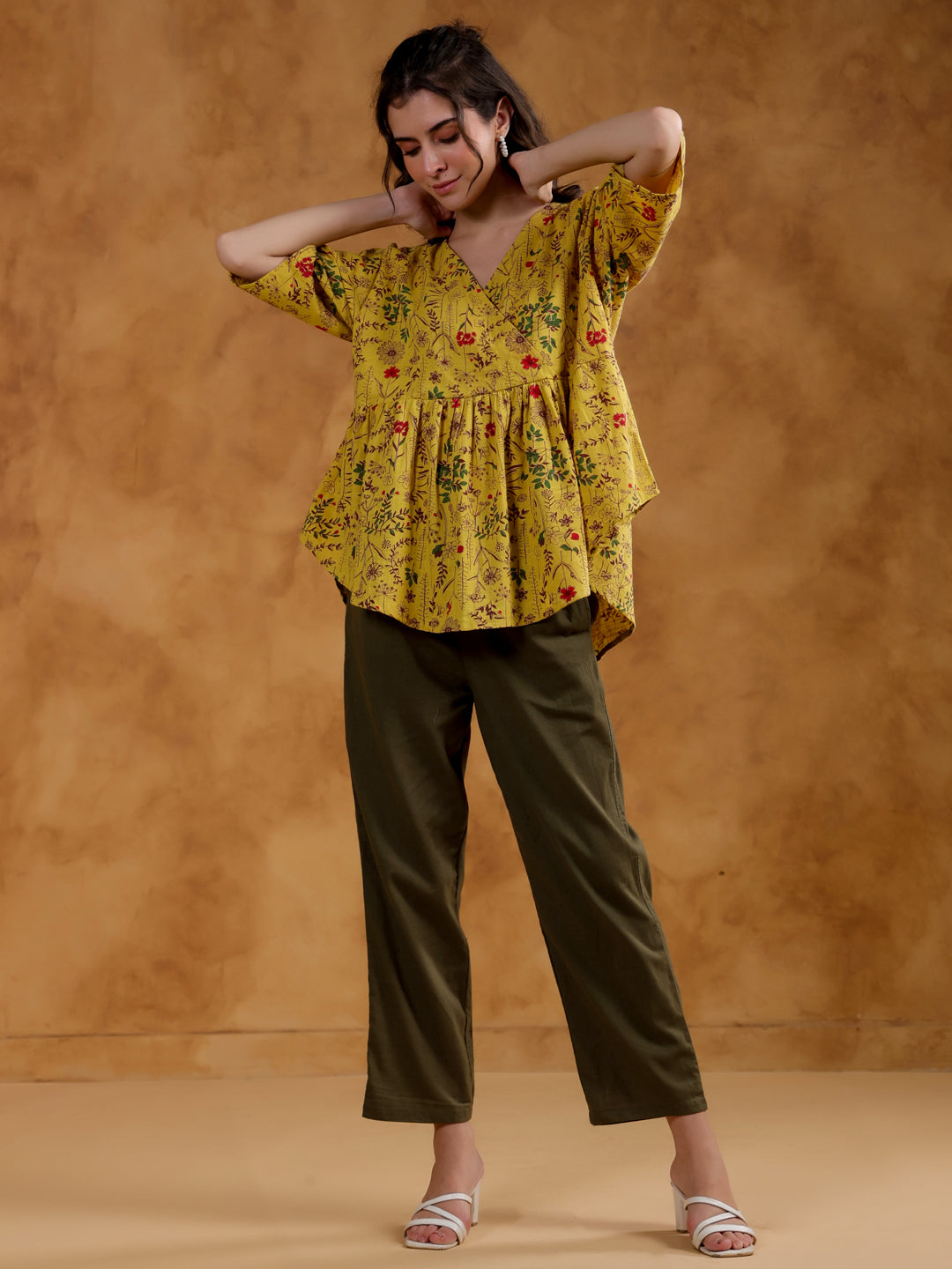 Yellow Color V-Neck Printed co-ords set for women