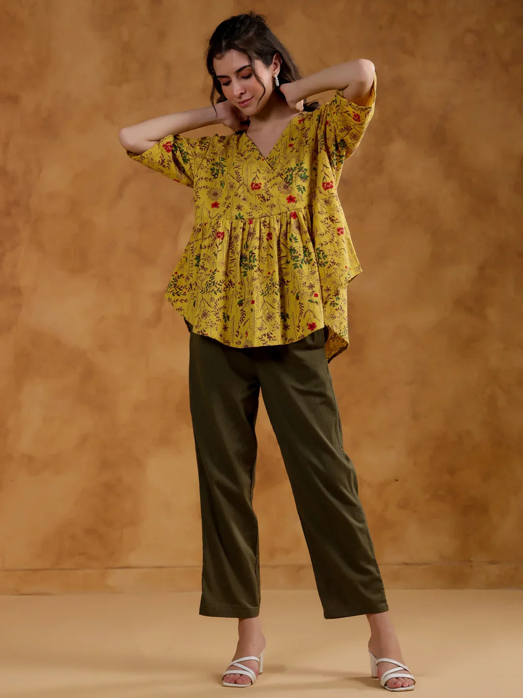 Yellow Color V-Neck Printed co-ords set for women - SanskrutiHomes