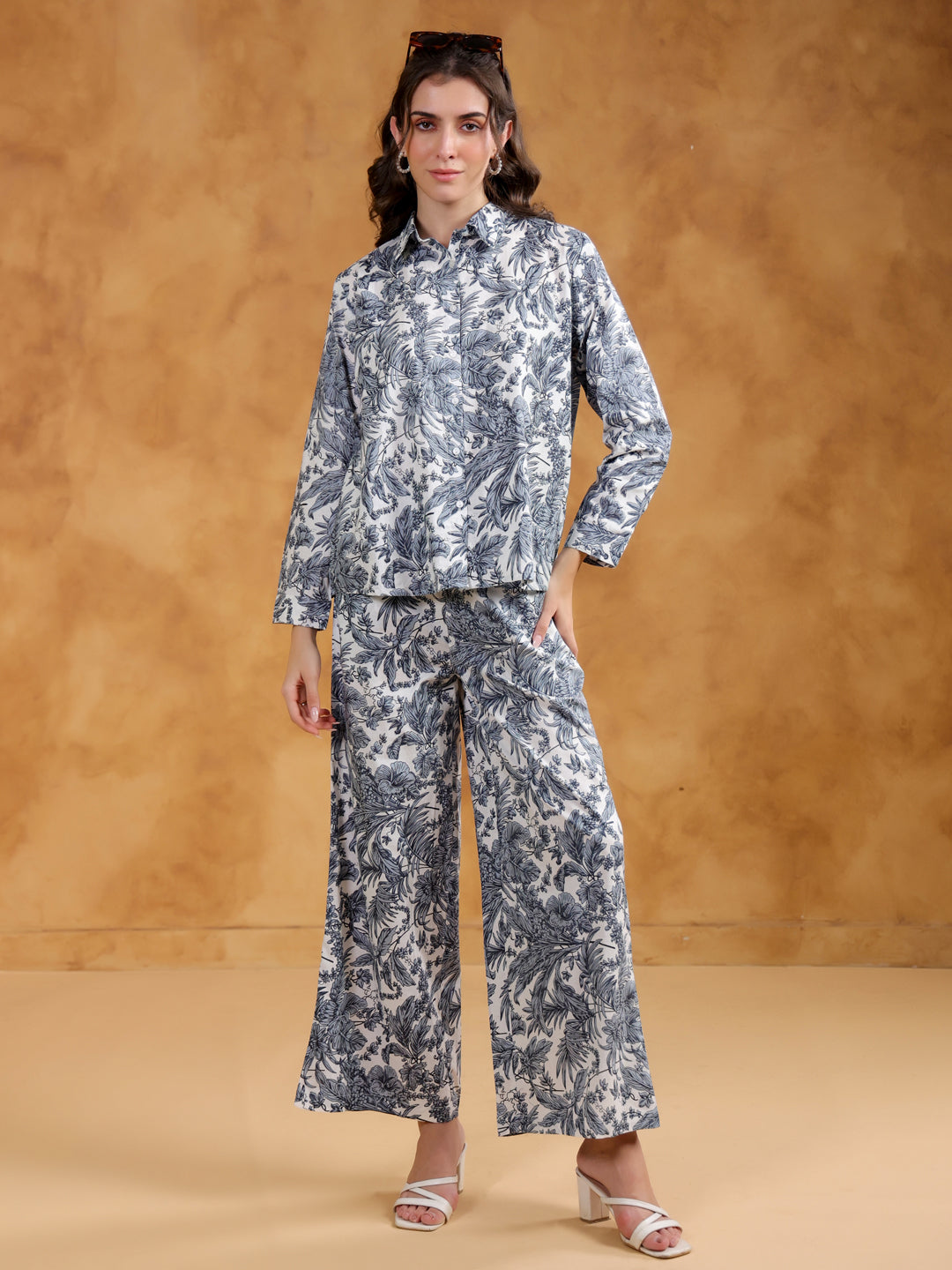White Shirt Collar Pure Cotton Printed Co-ords Set for Women - SanskrutiHomes