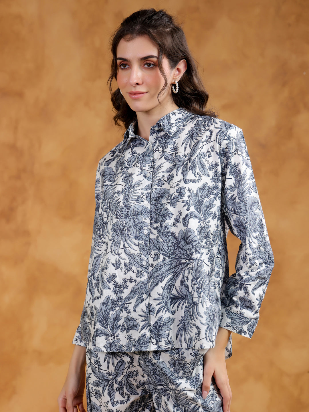 White Shirt Collar Pure Cotton Printed Co-ords Set for Women - SanskrutiHomes