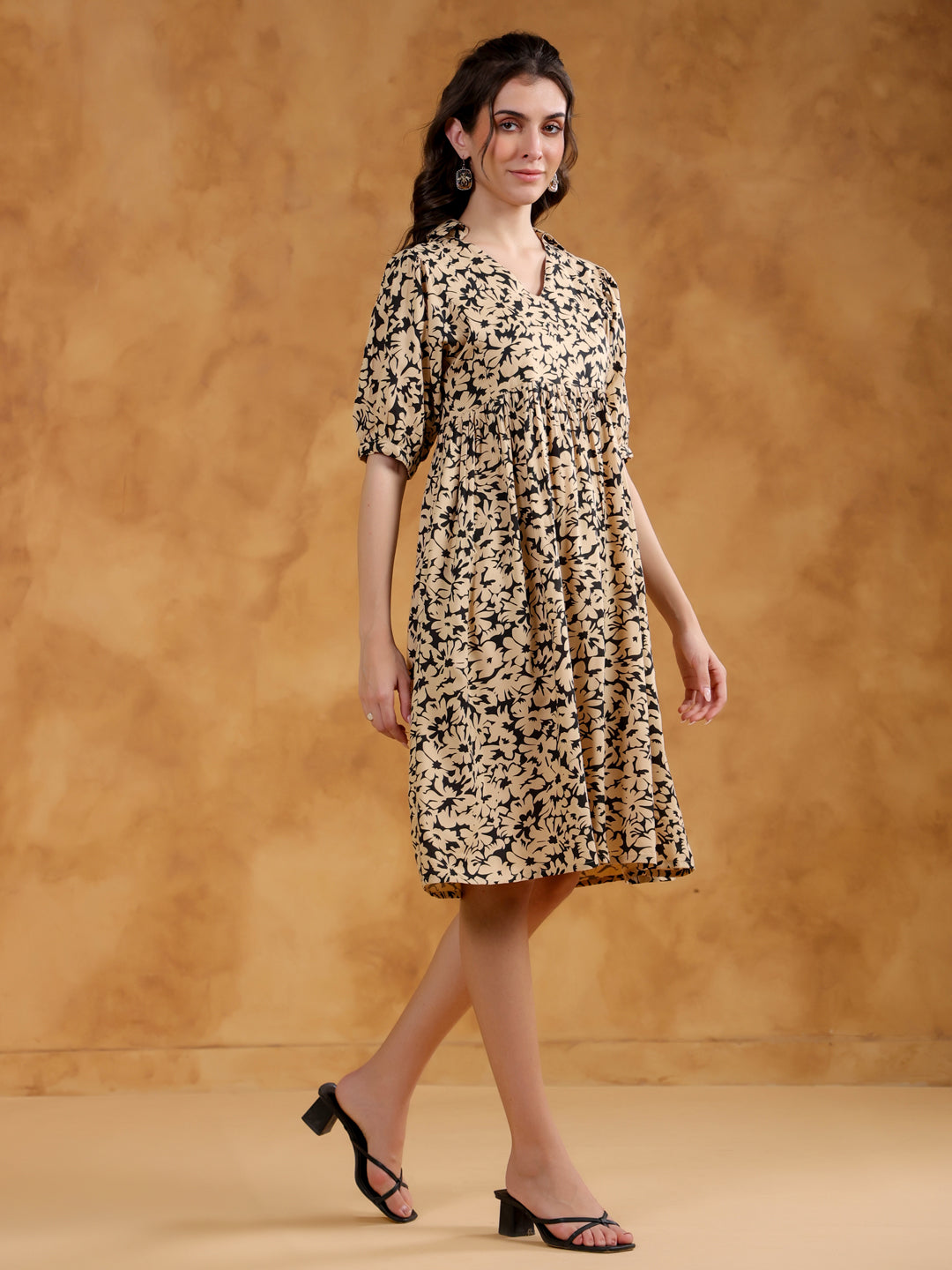 Beige Color Floral Printed Viscose Rayon dress for women