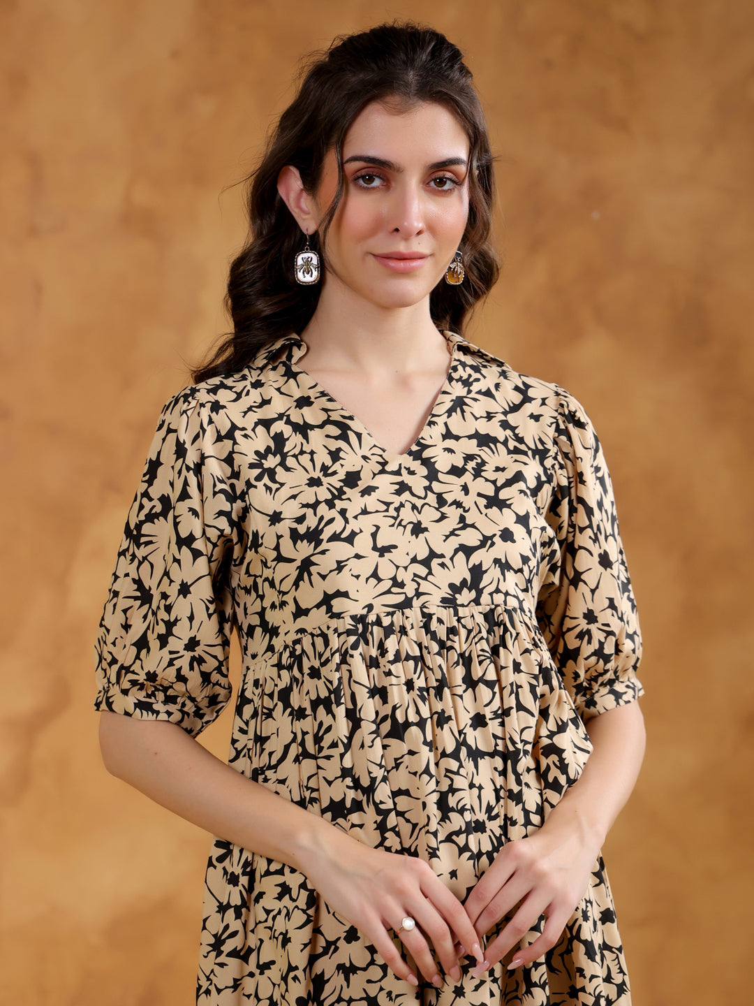 Beige Color Floral Printed Viscose Rayon dress for women