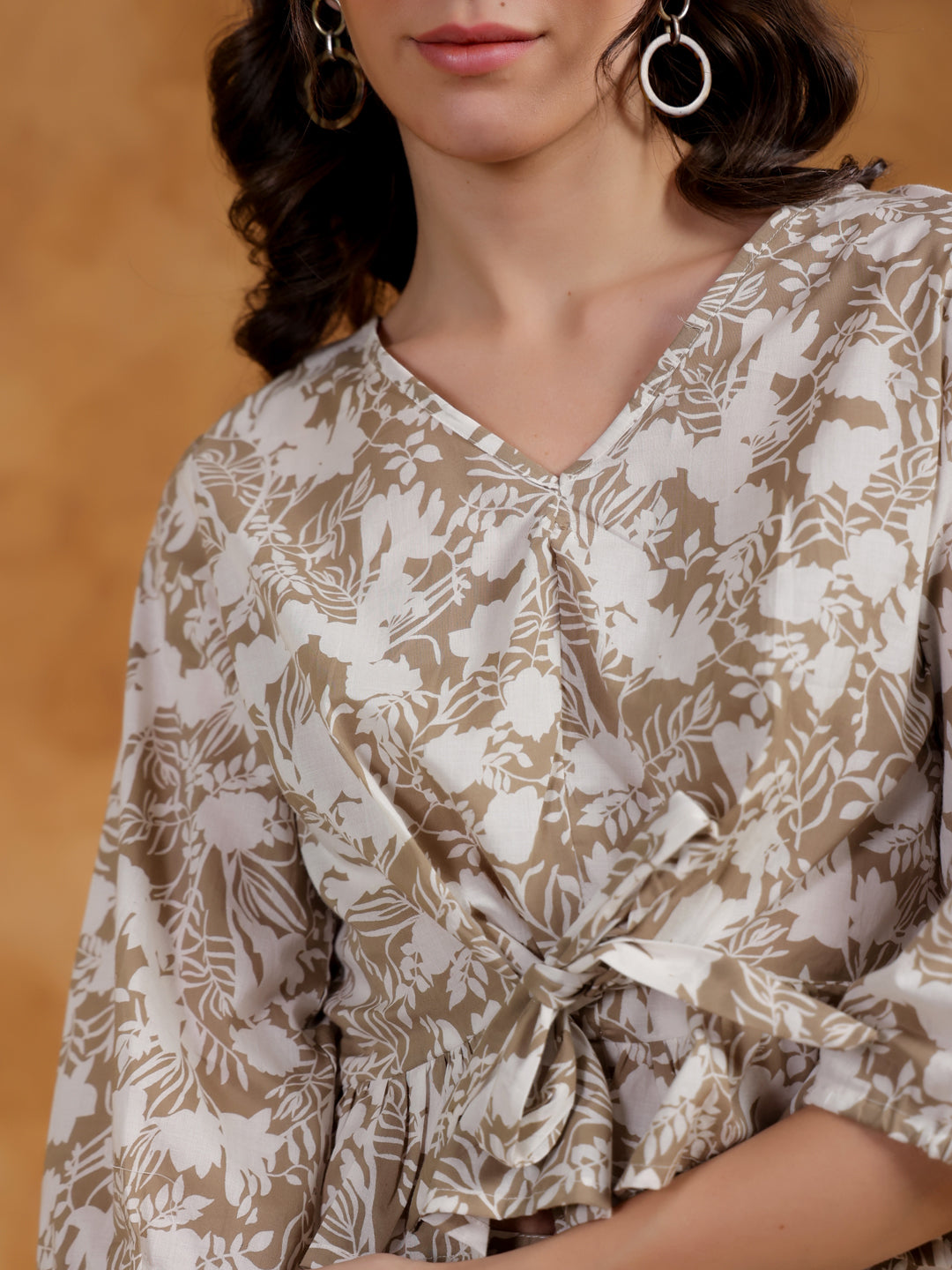 Beige Color V-Neck Printed co-ords set for women - SanskrutiHomes