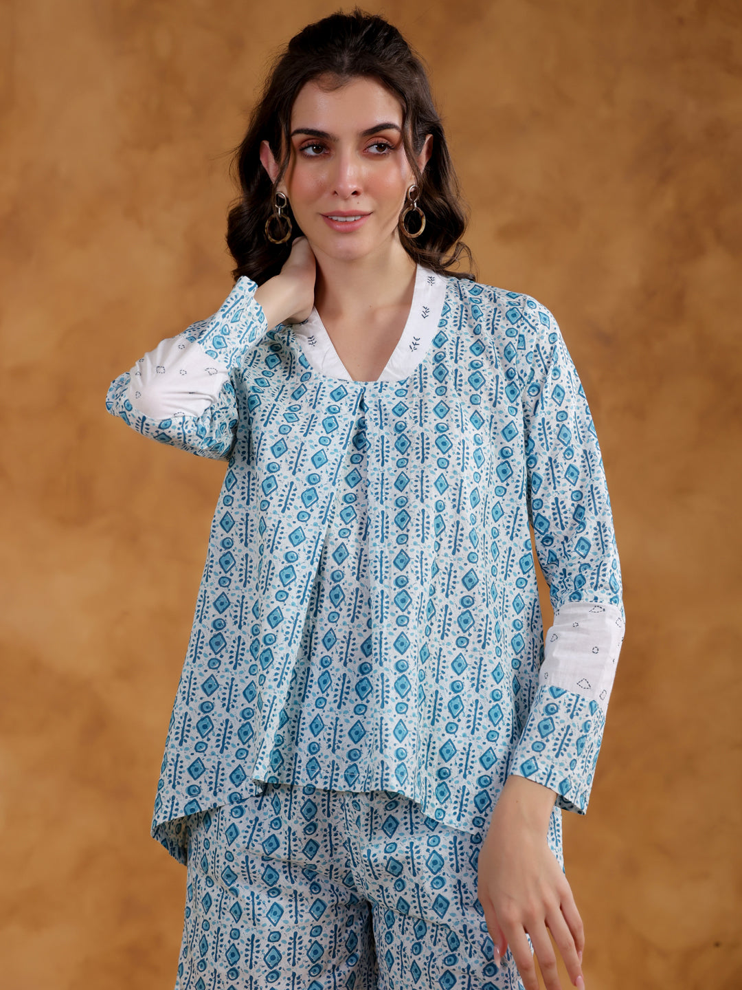 White Color V-Neck Printed co-ords set for women