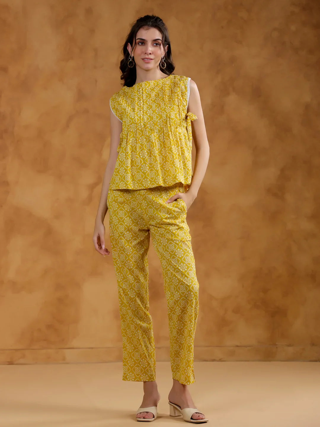 Yellow Color Round Neck Printed co-ords set for women - SanskrutiHomes