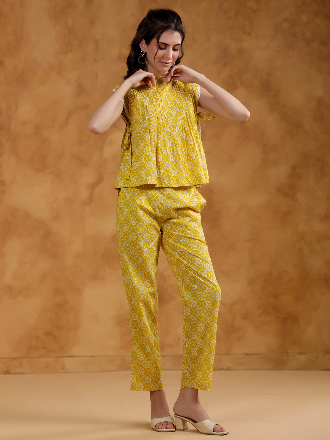 Yellow Color Round Neck Printed co-ords set for women - SanskrutiHomes
