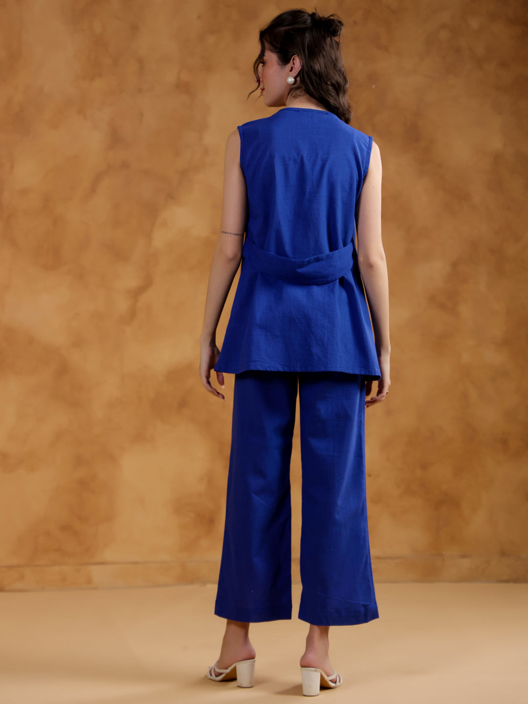 Blue Color V-Neck Solid co-ords set for women - SanskrutiHomes